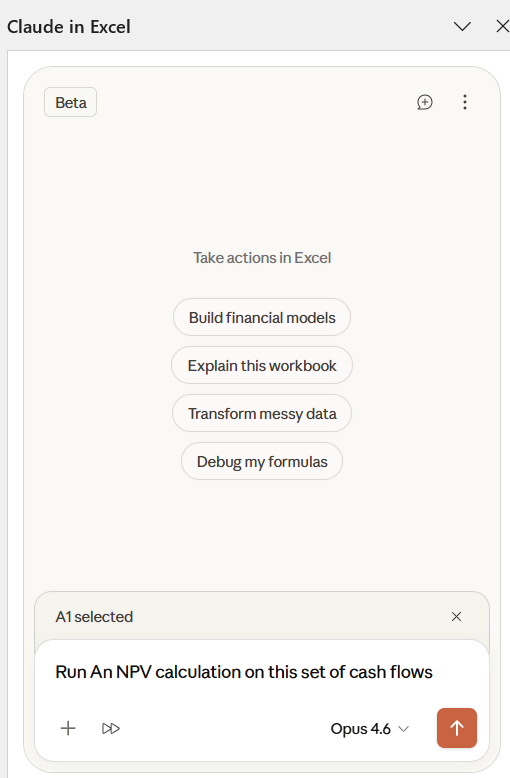 Using Claude for Excel to calculate NPV with AI
