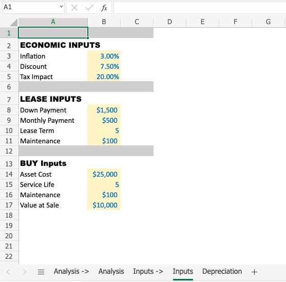 Example of creating an input table for lease buy analysis in Excel