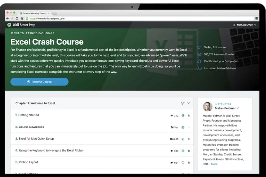 Wall Street Prep's Excel Crash Course user interface