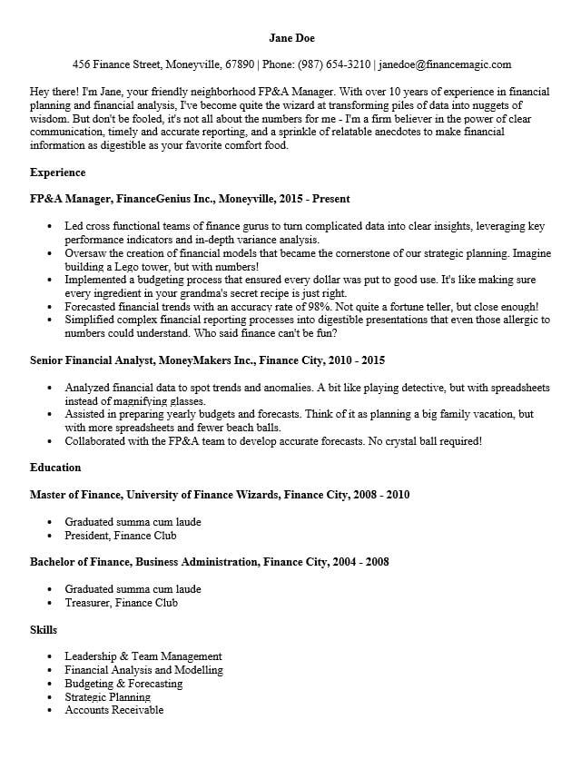 Example of an FP&A manager resume
