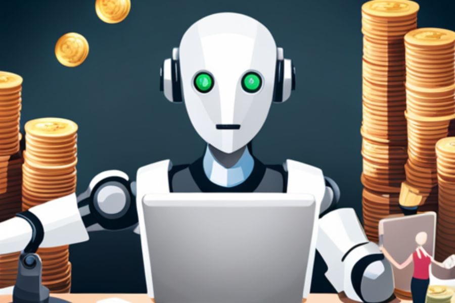 A robot surrounded by money automating finance work