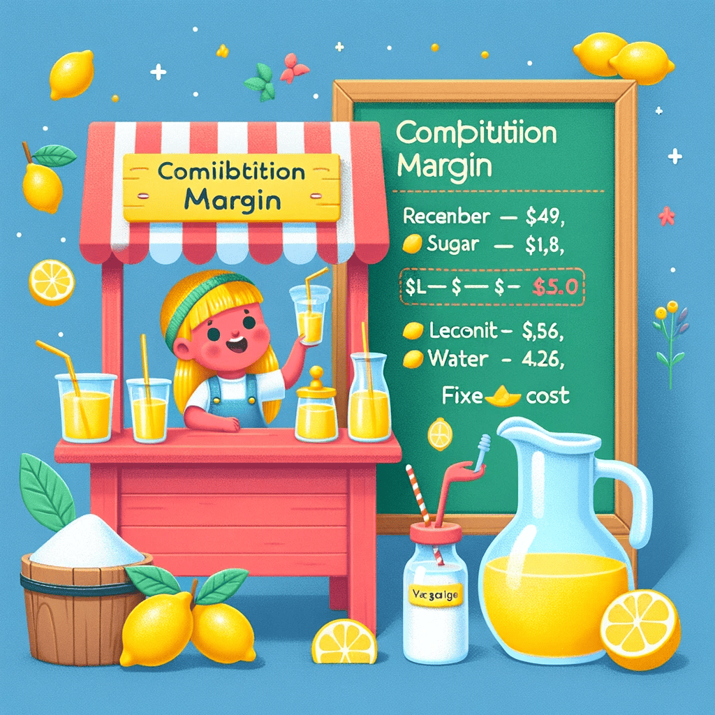 Lemonade stand next to a sign breaking down contribution margin