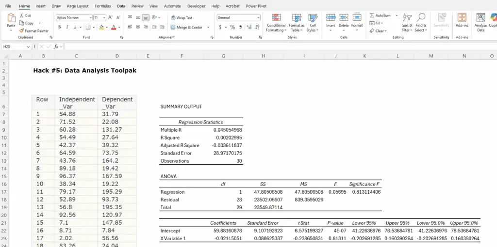 Using data analysis toolpak for regression analysis