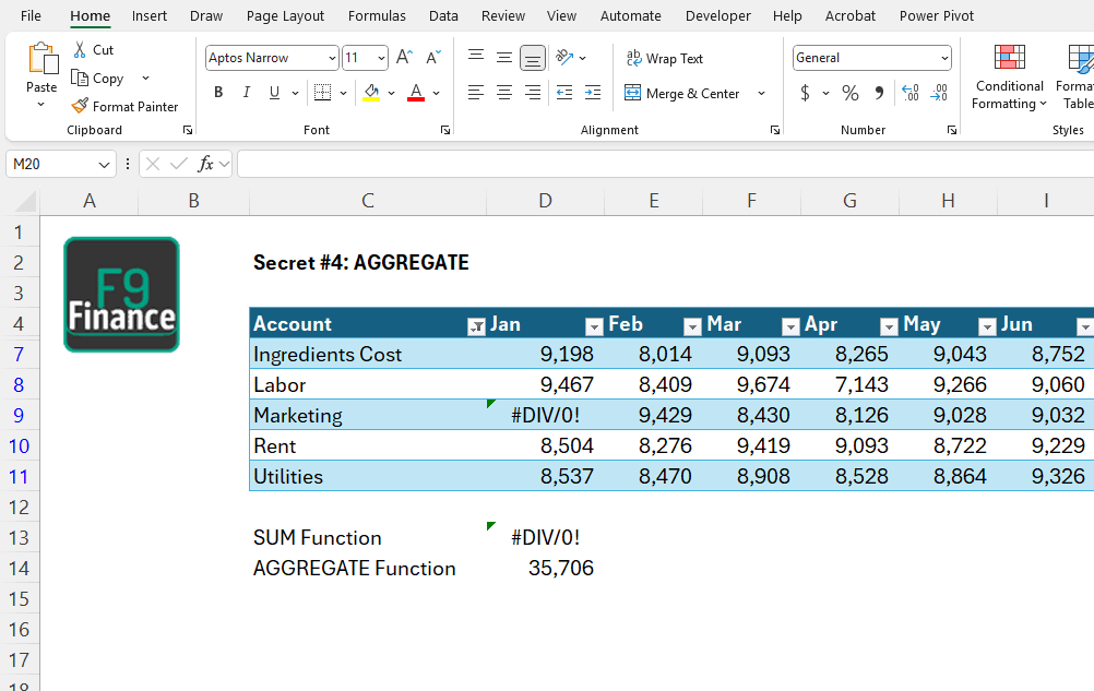 Example of using the AGGREGATE Function in Excel