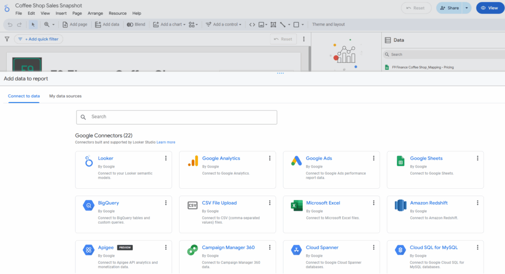 Available data connections in Looker Studio