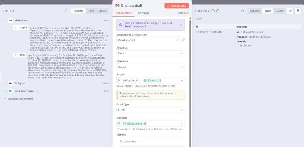 Example of using the markdown node feeding into the email node