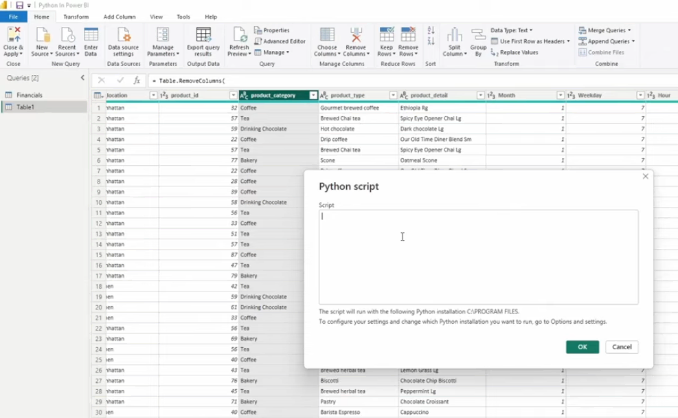 Power BI dashboard with Python script for data analysis and visualization.