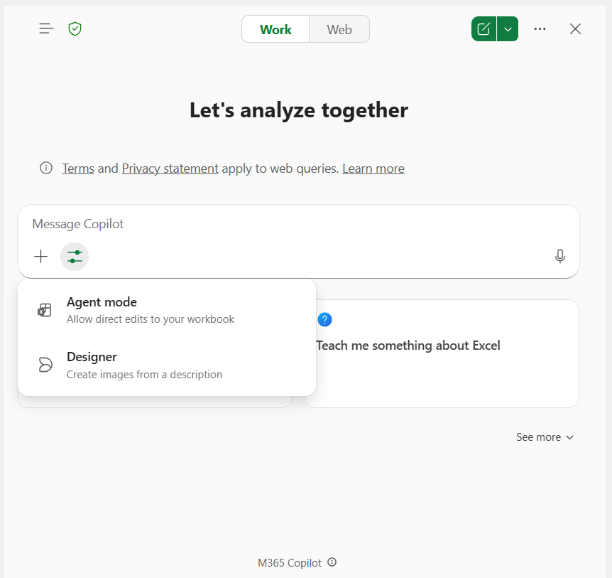Agent mode user interface in Excel