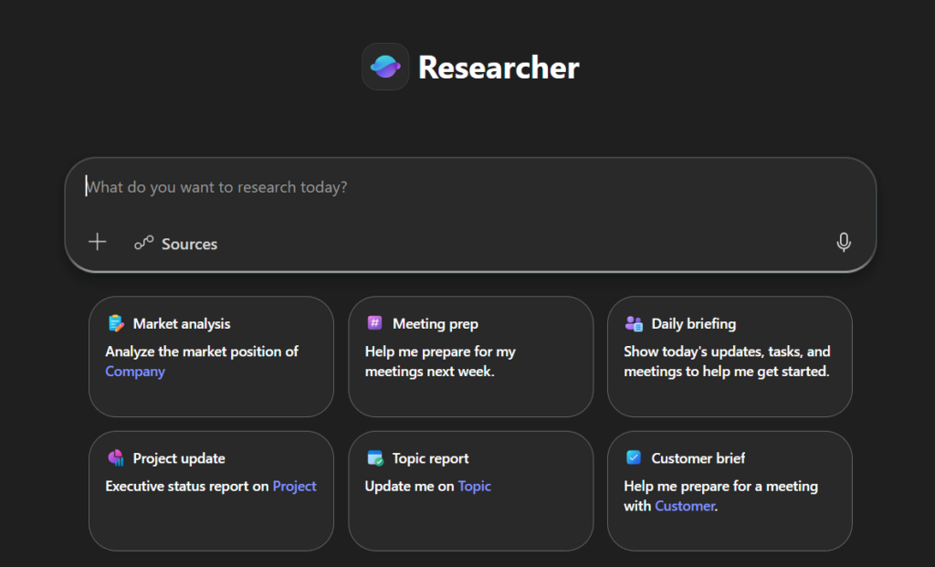 Copilot Researcher agent user interface