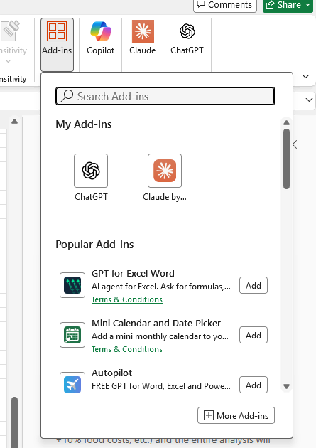 Screenshot of ChatGPT for Excel and Claude For Excel Plugins