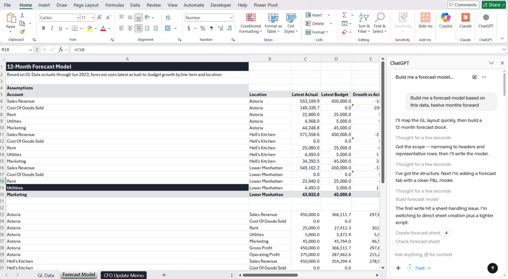 ChatGPT in Excel response to building a forecast model