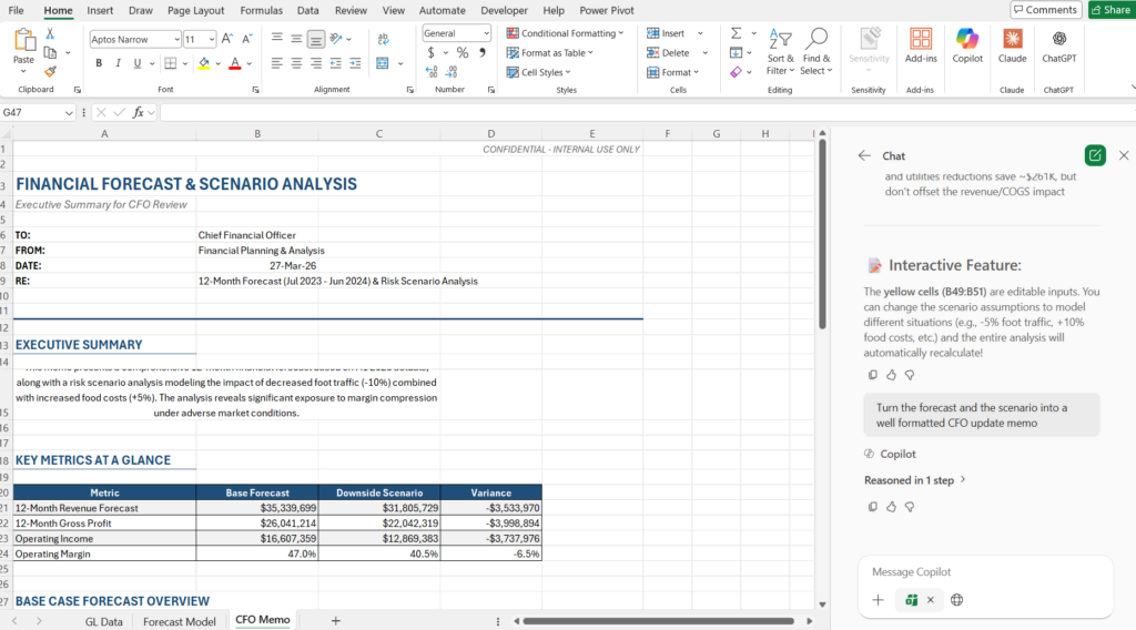 Financial forecast and scenario analysis in Excel for business planning.