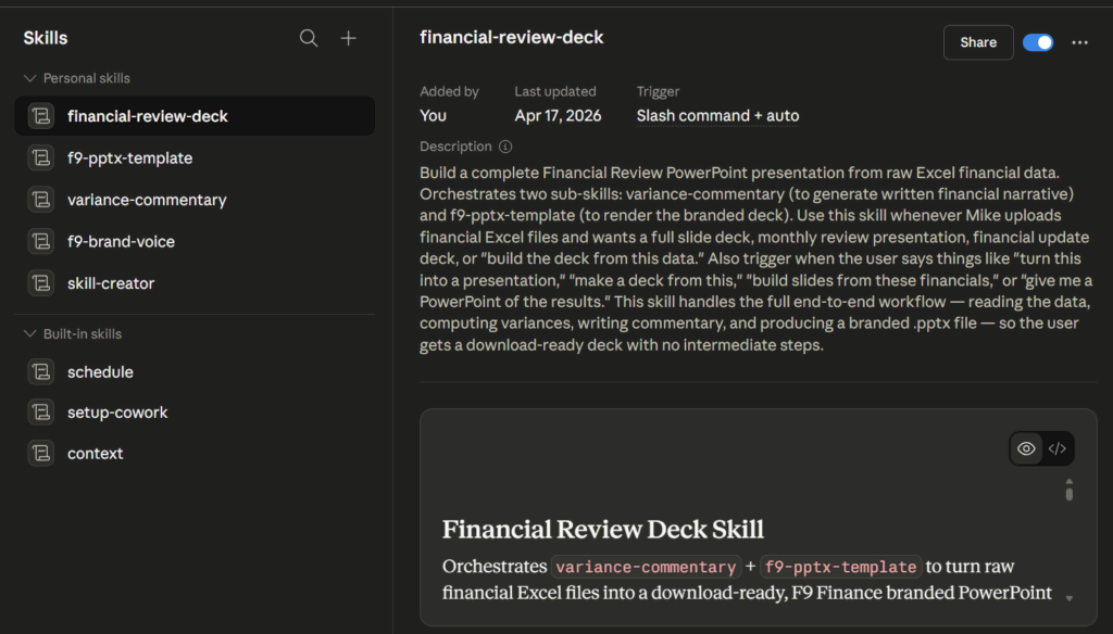 Financial skills for finance work, building Claude skills for Excel and PowerPoint mastery.