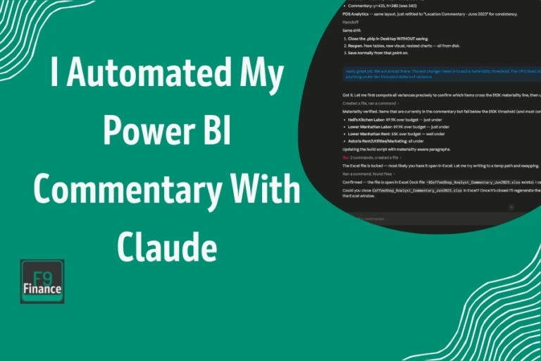 Automated Power BI commentary by Mike from F9 Finance for data analysis insights.