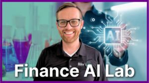 Man smiling in lab with AI and finance symbols, promoting F9 Finance AI Lab.