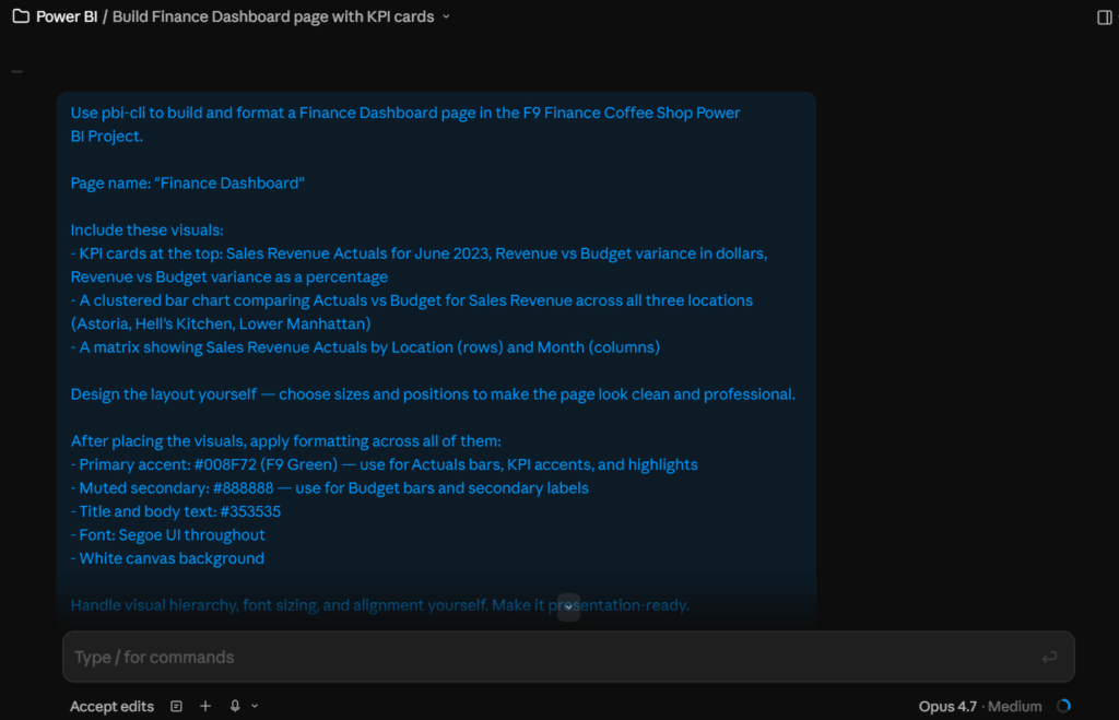 Power BI dashboard created with Claude code for financial analysis.