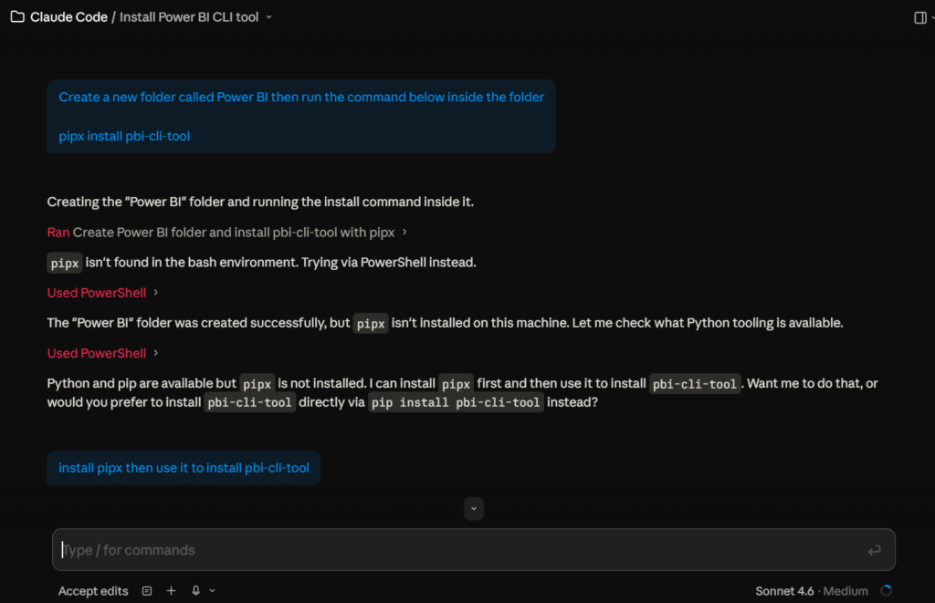 Power BI dashboard displaying Claude code integration for data analysis.