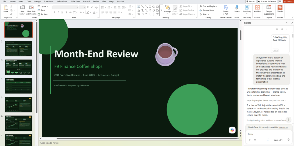 PowerPoint slide for F9 Finance coffee shop review and budget analysis.