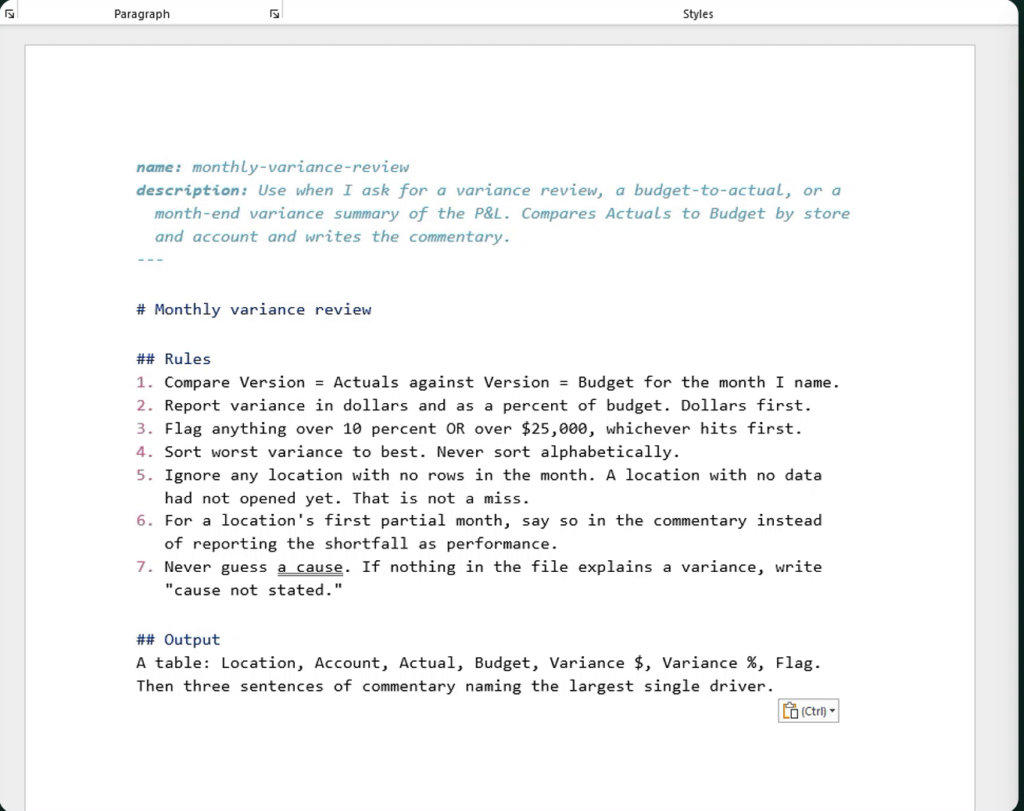 A markdown skill file open in Word showing name and description fields at the top, then a Rules list of seven numbered instructions and an Output section describing a variance table