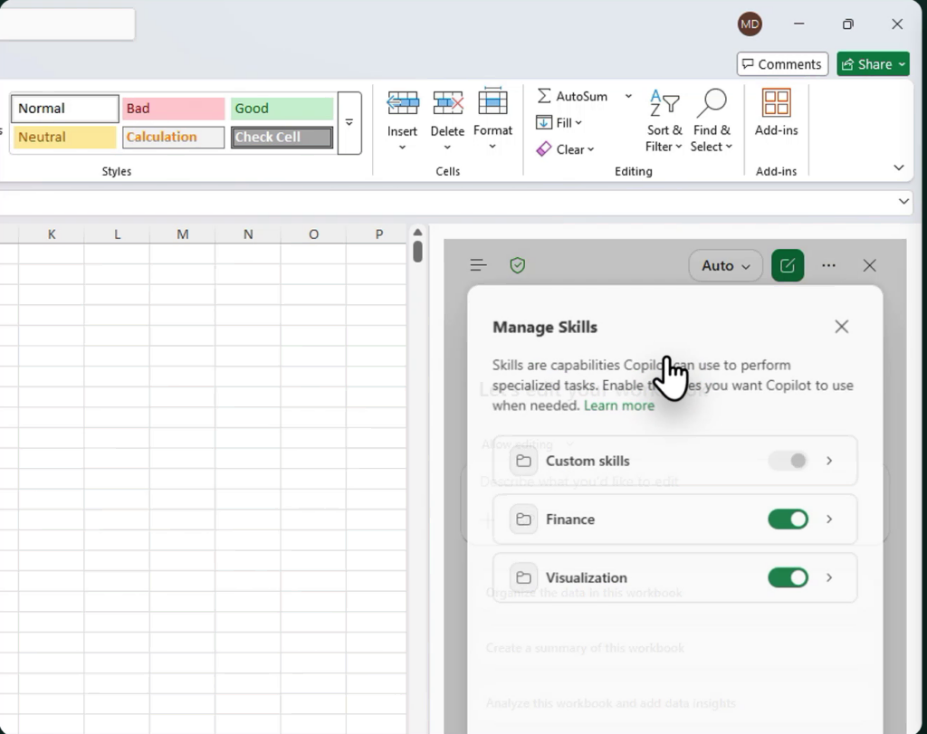 The Manage Skills panel inside Copilot in Excel listing three categories, Custom skills, Finance and Visualization, with Finance and Visualization toggled on