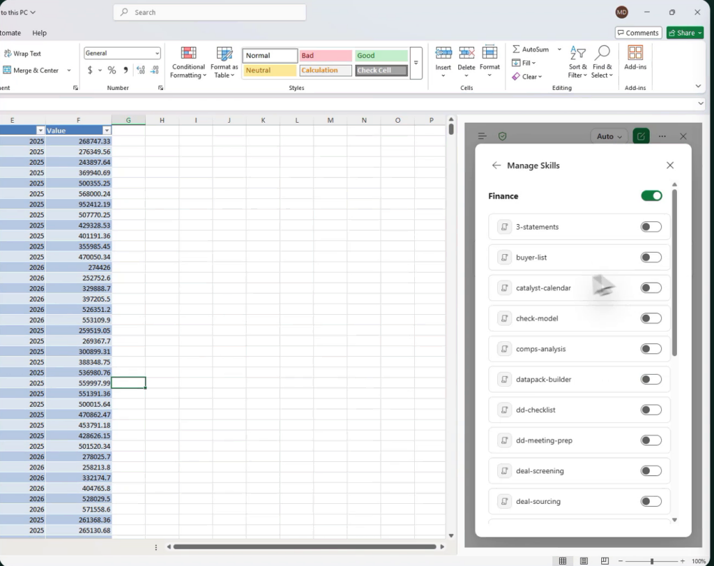The Finance category expanded inside Manage Skills, showing skills named 3-statements, buyer-list, catalyst-calendar, check-model, comps-analysis, datapack-builder, dd-checklist, dd-meeting-prep, deal-screening and deal-sourcing, each with an on off toggle