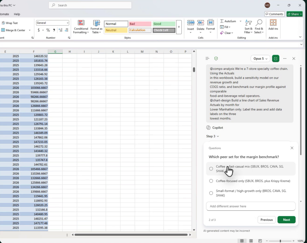 The Copilot pane in Excel showing a question, which peer set for the margin benchmark, with three radio button options and a free text box, above Previous and Next buttons