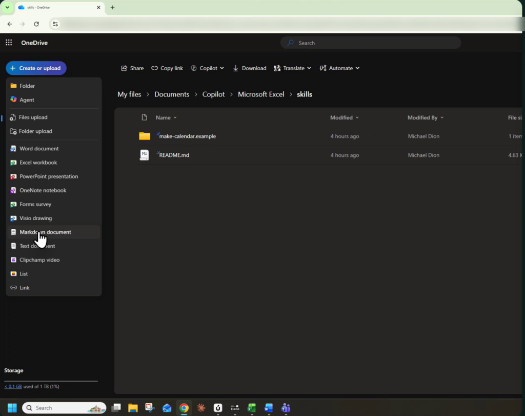Screenshot of OneDrive folder with Excel skills files for Mike's F9 Finance.