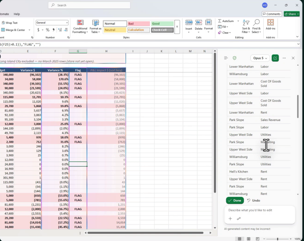 Financial spreadsheet with data analysis and color-coded flags for budget review.
