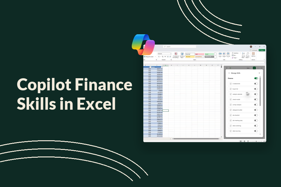 Screenshot of Excel with Copilot Finance skills and custom-built functions.