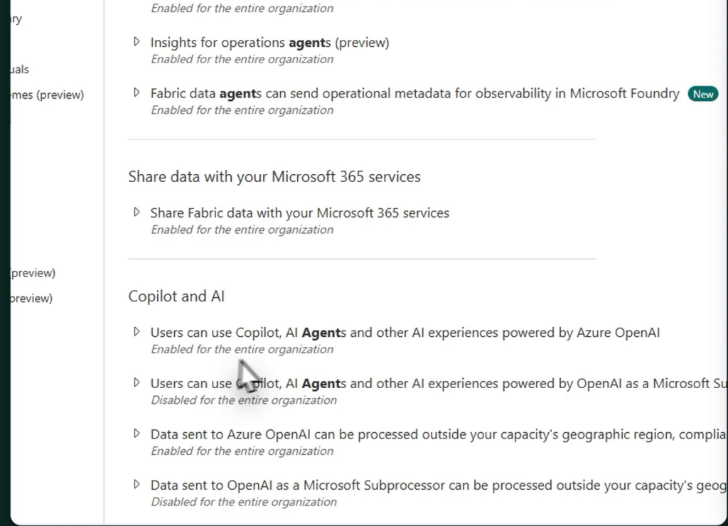 Fabric admin portal filtered to agent settings, with the Copilot and AI switches showing enabled for the entire organization