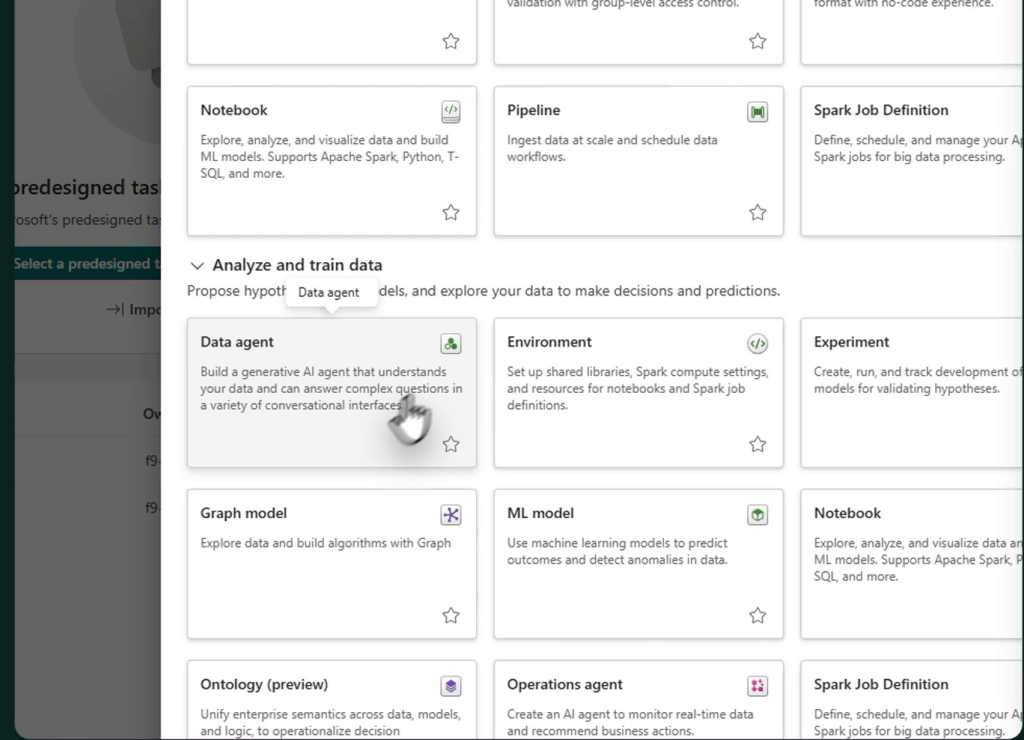 Fabric New item panel scrolled to the Analyze and train data group, with the Data agent tile selected