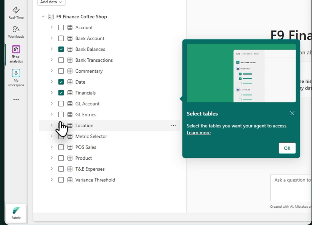 Fabric data agent Explorer pane listing semantic model tables with checkboxes, six of them ticked, and a Select tables tooltip open
