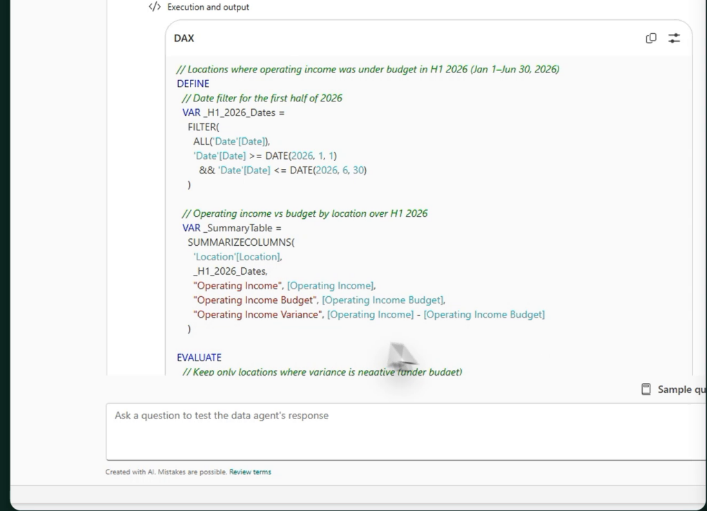 Expanded step in a Fabric data agent answer showing the generated DAX query, with model measures shown in square brackets