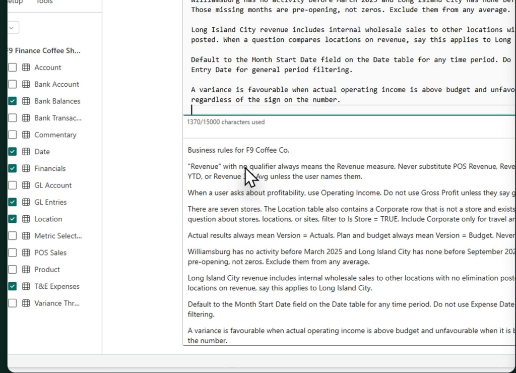 Fabric data agent instructions pane holding plain-text business rules, with a counter reading 1370 of 15000 characters used