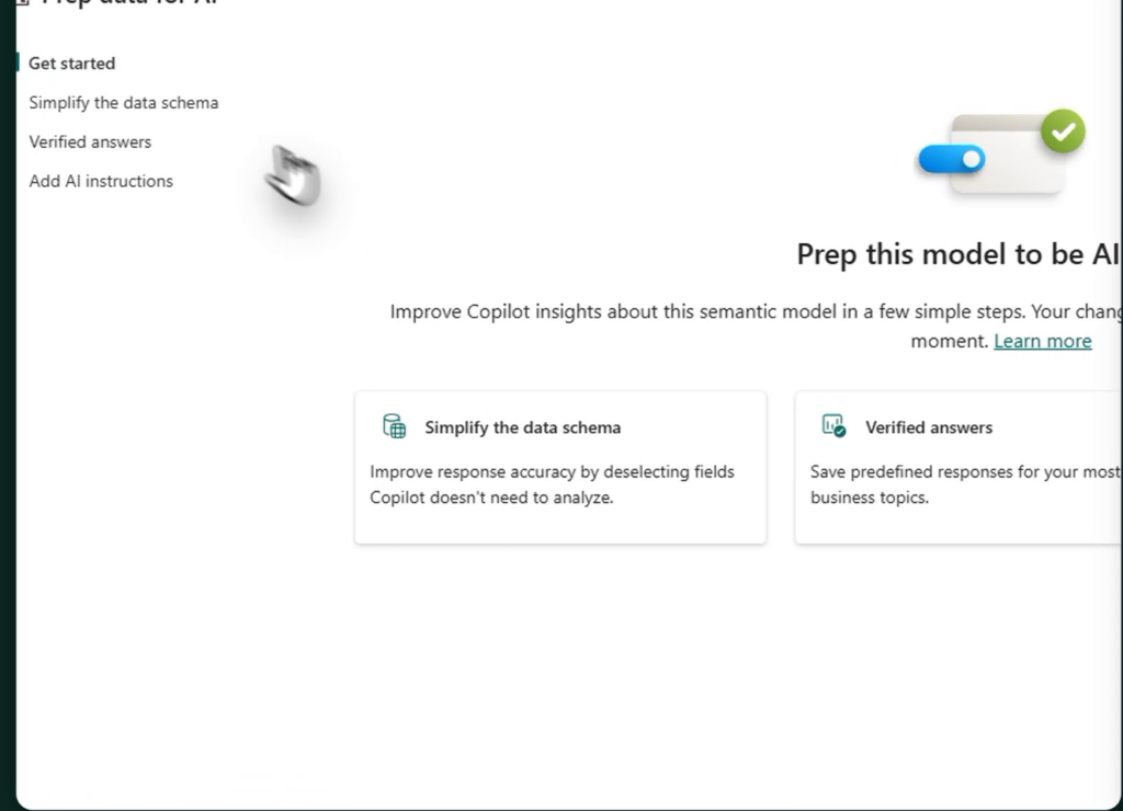 Prep data for AI start screen on a Power BI semantic model listing three steps: simplify the data schema, verified answers, and add AI instructions