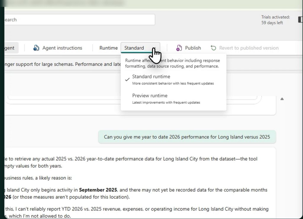 Fabric data agent runtime dropdown open, showing standard runtime selected and preview runtime as the alternative