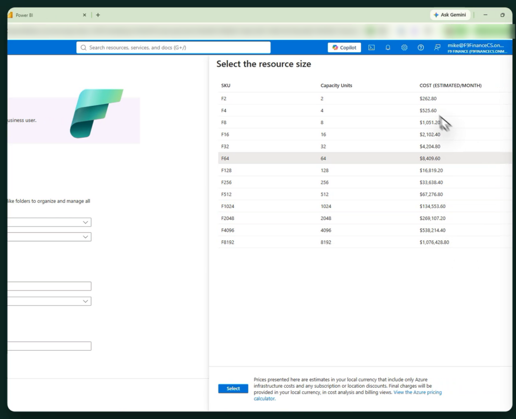 Azure resource size picker for a Microsoft Fabric capacity, listing SKUs from F2 to F8192 with estimated monthly cost, F2 at 262.80 dollars and F64 at 8,409.60 dollars