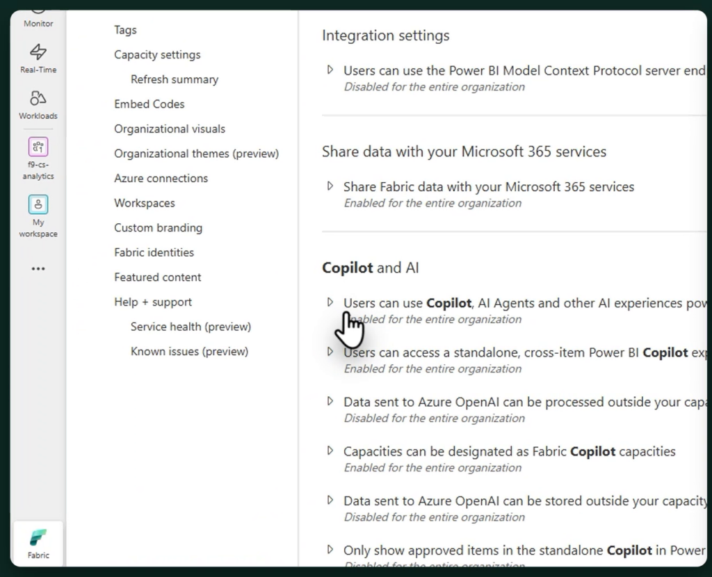 Fabric admin portal tenant settings page open on the Copilot and AI section, with the setting for users to use Copilot and other AI experiences enabled for the entire organization