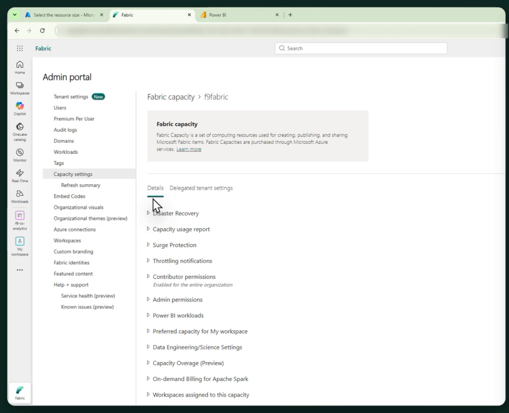 Fabric admin portal capacity settings page for a capacity named f9fabric, showing the details tab with disaster recovery, surge protection, contributor permissions and Power BI workloads